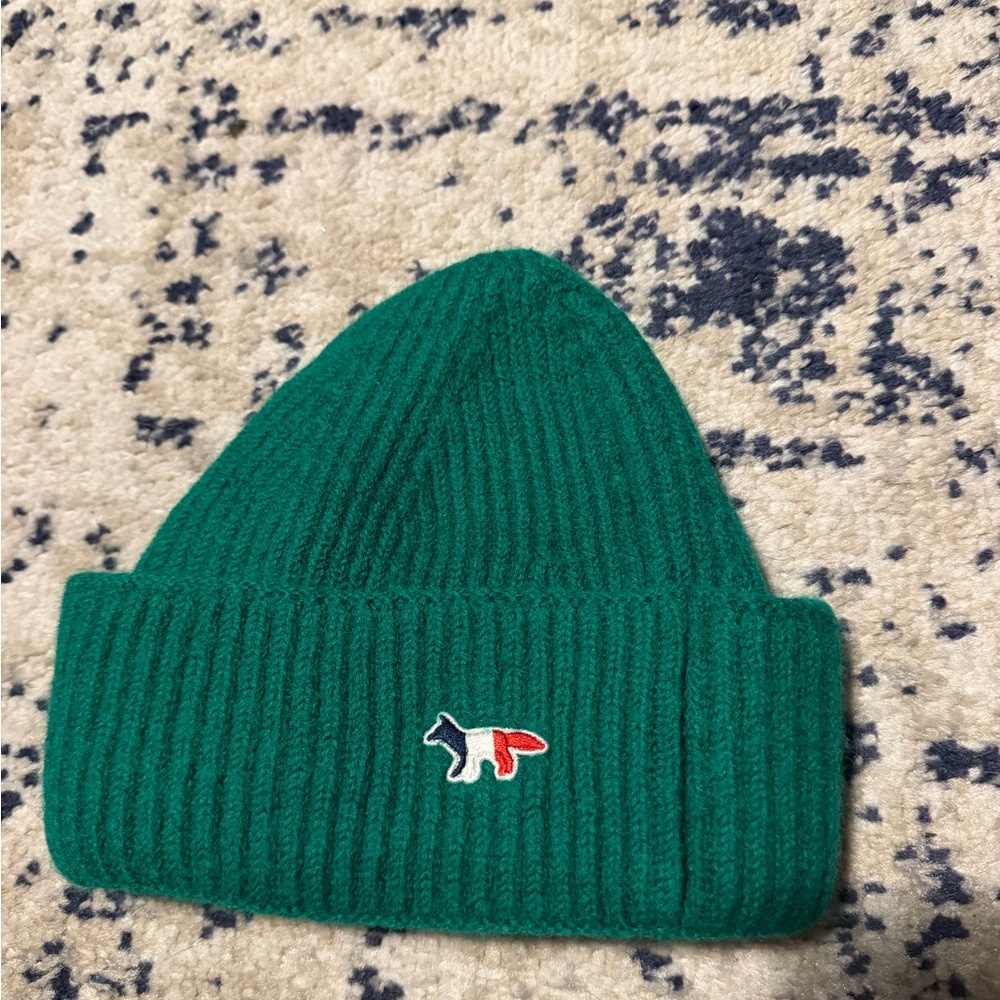 Maison Kitsune Green Knit Beanie with Fox Patch